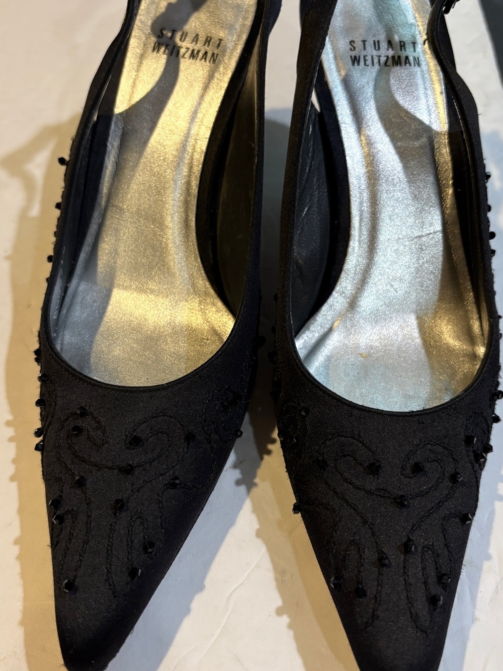 Stuart Weitzman Black Beaded Pointed Slingback Evening Classic Heels 7N - Picture 4 of 10